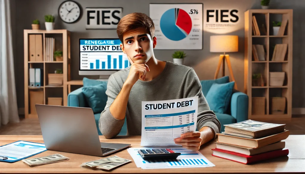 DALL·E 2024 09 12 18.45.58 An informative image showing a concerned young student sitting at a desk with documents a laptop displaying a FIES related webpage and a calculator