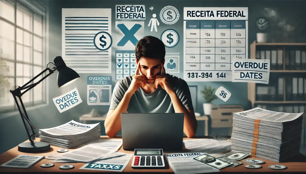 DALL·E 2024 09 14 13.20.38 A scene showing a concerned individual working on a laptop at home surrounded by documents and tax forms symbolizing the task of declaring taxes. Th