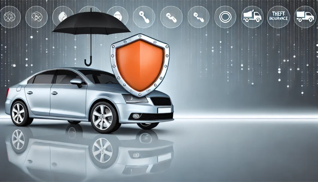 DALL·E 2024 09 14 13.22.59 A modern car with a protective shield or umbrella symbolizing comprehensive car insurance. The background includes subtle icons representing different