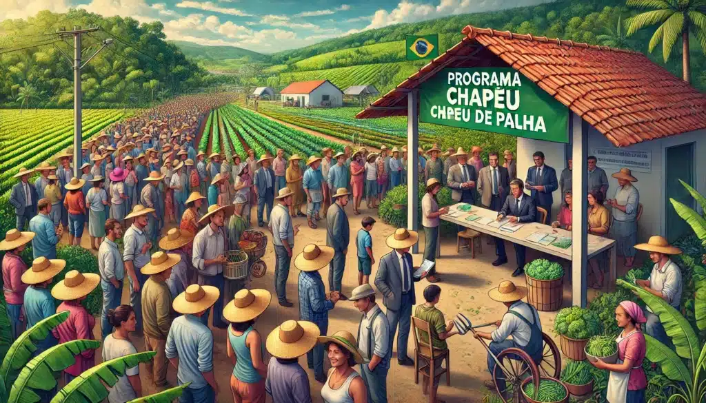 DALL·E 2024 09 16 15.51.14 A community focused image illustrating the Programa Chapeu de Palha showing farmers and rural workers engaged in agricultural activities in a vibrant