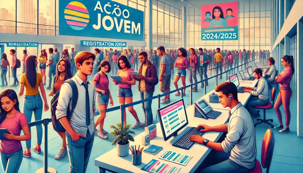 DALL·E 2024 09 16 15.54.37 A vibrant and informative image showing a young person registering for the Acao Jovem program in 2024 2025. The scene includes a modern community cent