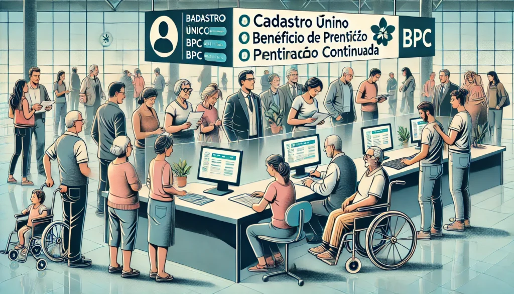 DALL·E 2024 09 17 16.49.04 A detailed illustration showing a diverse group of people including elderly and disabled individuals interacting with a government service desk or d