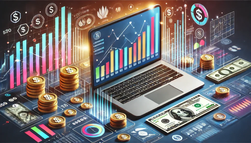 DALL·E 2024 09 20 21.48.42 A modern image showing a laptop or mobile device displaying growth charts and surrounded by icons of money coins and bills symbolizing opportunitie