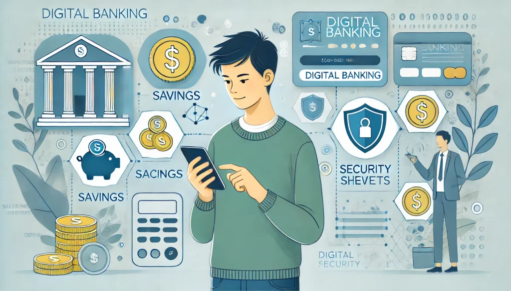 DALL·E 2024 09 22 21.20.25 A modern digital banking concept with a young teenager using a smartphone reviewing banking app features. The background shows icons of savings coin