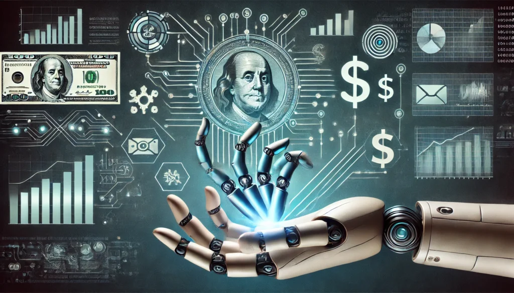 DALL·E 2024 09 22 21.21.47 A futuristic concept of artificial intelligence generating revenue with robotic hands and digital data streams connecting to symbols of money busine