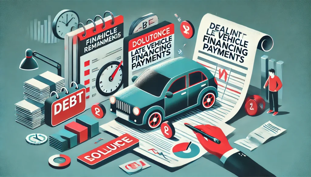 DALL·E 2024 09 24 00.18.37 A visual representation of dealing with late vehicle financing payments showing a car with financial documents payment reminders and symbols of deb