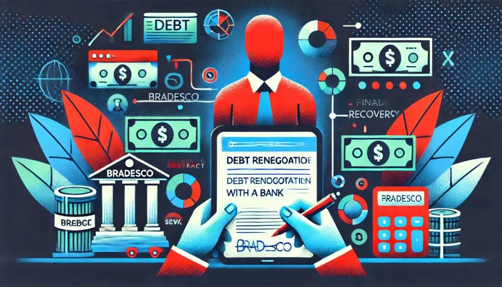 DALL·E 2024 09 24 00.23.58 A visual representation of debt renegotiation with a bank showing a person using a digital platform to manage debt with Bradesco. Elements include bi