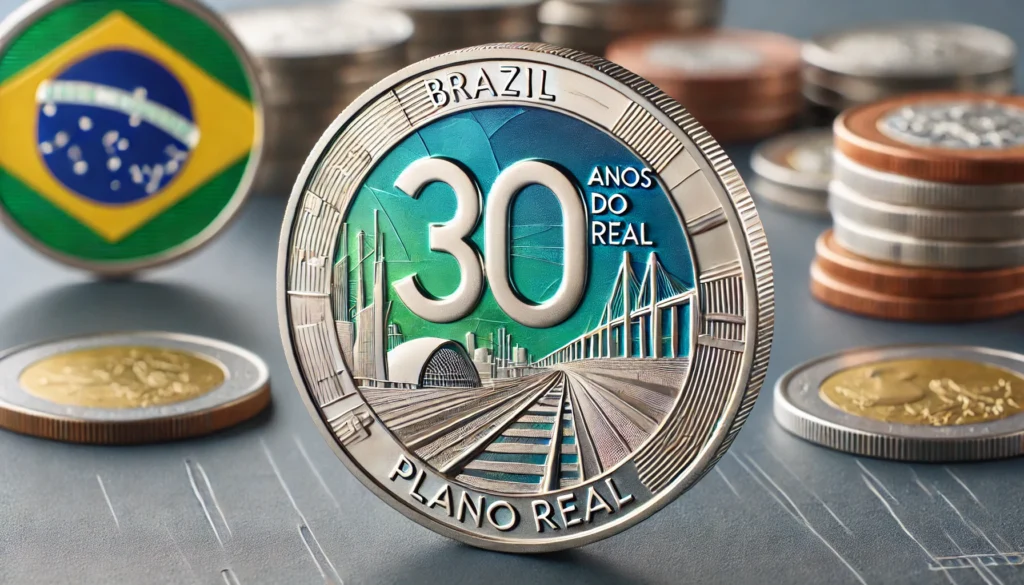 DALL·E 2024 09 25 21.46.31 A commemorative Brazilian R 1 coin with a special design celebrating the 30th anniversary of the Plano Real. The coin features a sleek modern design