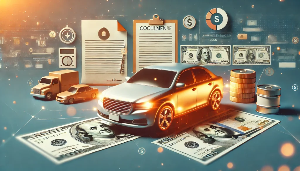 DALL·E 2024 09 29 14.15.26 A car in the foreground symbolizing collateral for a loan surrounded by elements like money bills and documents conveying the idea of financial sec