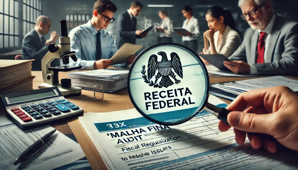 DALL·E 2024 10 02 18.16.43 A magnifying glass over a tax return document with the symbol of Receita Federal symbolizing the scrutiny process in the malha fina audit. Additio