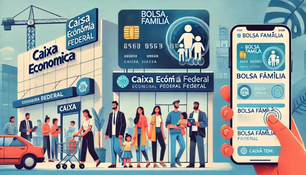 DALL·E 2024 10 02 18.55.50 People at a Caixa Economica Federal branch some holding Bolsa Familia cards symbolizing the receipt of the benefit. Additionally a representation o