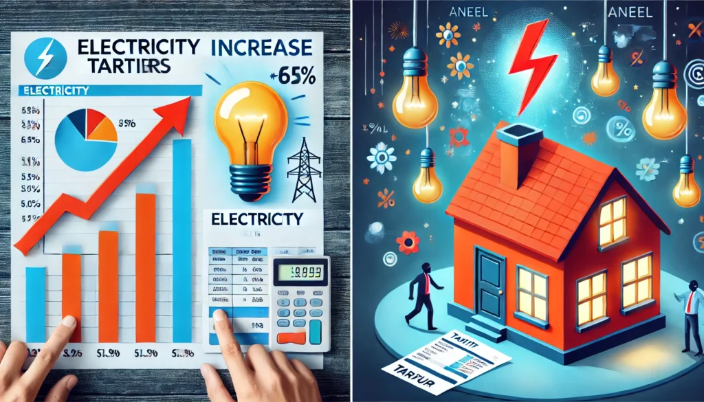 DALL·E 2024 10 01 22.31.05 Charts showing an increase in electricity tariffs with emphasis on a red tariff flag symbolizing higher costs. Additionally an illustration of a hou