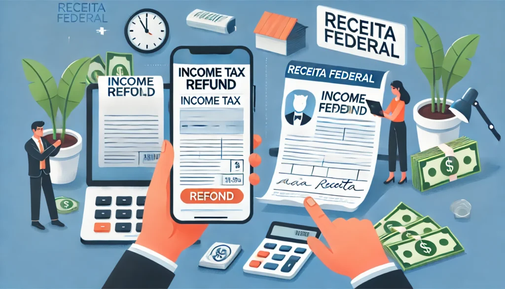 DALL·E 2024 10 02 18.57.24 People receiving a notification about income tax refund on a banking app representing the final refund payment by Receita Federal. Additionally a re