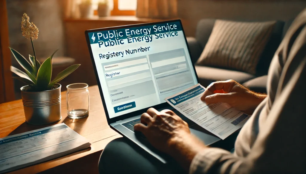 DALL·E 2024 10 03 19.30.04 A person using a laptop to access a public energy service website filling out an online form to register their NIS number. The laptop screen shows a