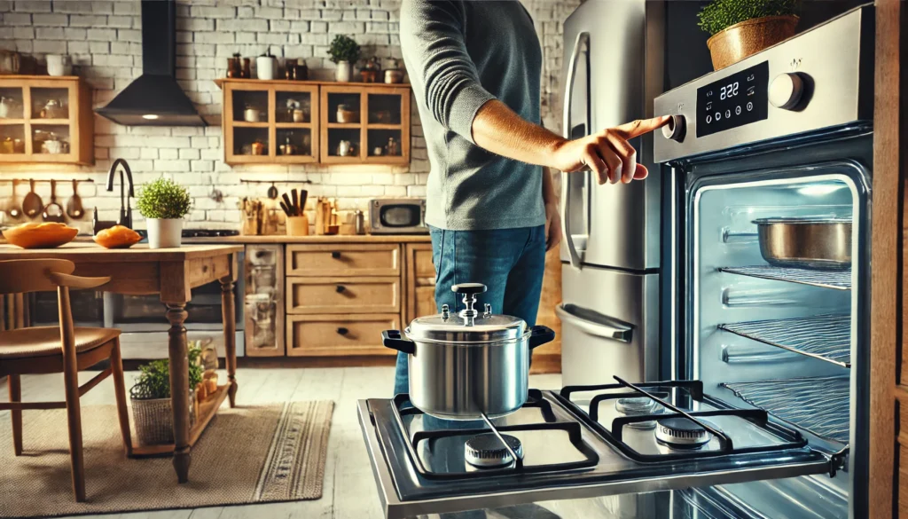 DALL·E 2024 10 03 19.34.51 A modern kitchen with a person adjusting the oven temperature while using a pressure cooker on the stove. In the background appliances like the refri