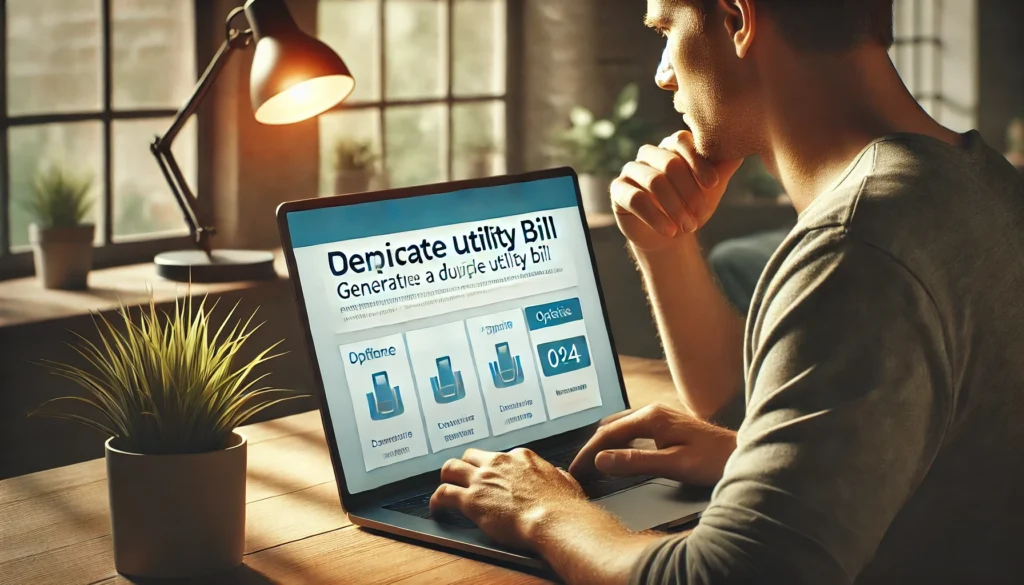 DALL·E 2024 10 04 23.44.26 A person using a laptop or smartphone accessing a website with the screen showing options for generating a duplicate utility bill. The scene conveys