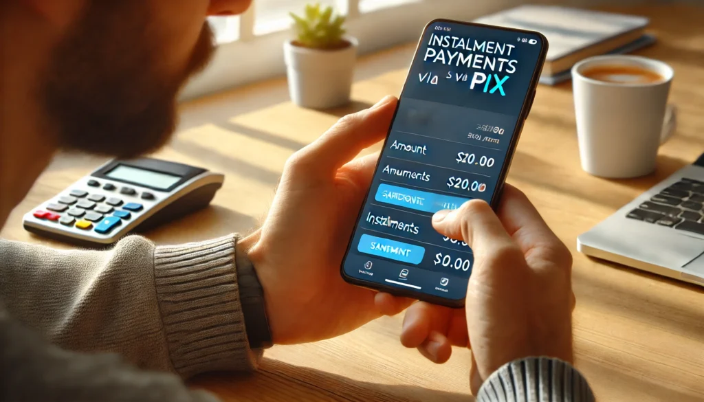DALL·E 2024 10 04 23.45.36 A person using a banking app on their smartphone highlighting an option for installment payments via Pix. The phone screen shows transaction details