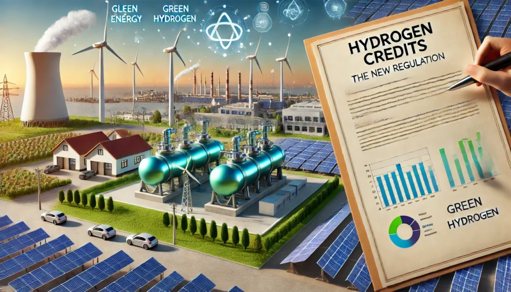 DALL·E 2024 10 01 22.29.46 A hydrogen plant producing green hydrogen with solar panels and wind turbines in the background symbolizing clean energy and sustainable production