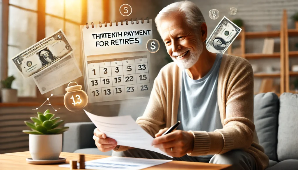 DALL·E 2024 10 05 23.19.51 An elderly person smiling while reviewing documents at home conveying a sense of financial planning and tranquility. The background includes elements