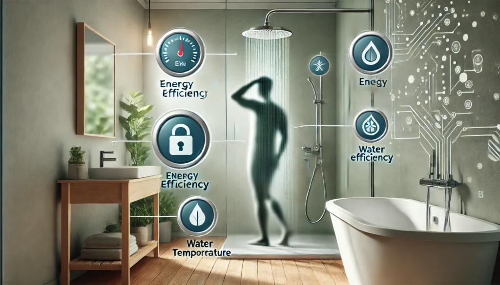 DALL·E 2024 10 05 23.22.26 A modern bathroom with an energy efficient showerhead featuring a person taking a quick and comfortable shower. Elements like a timer and a water tem