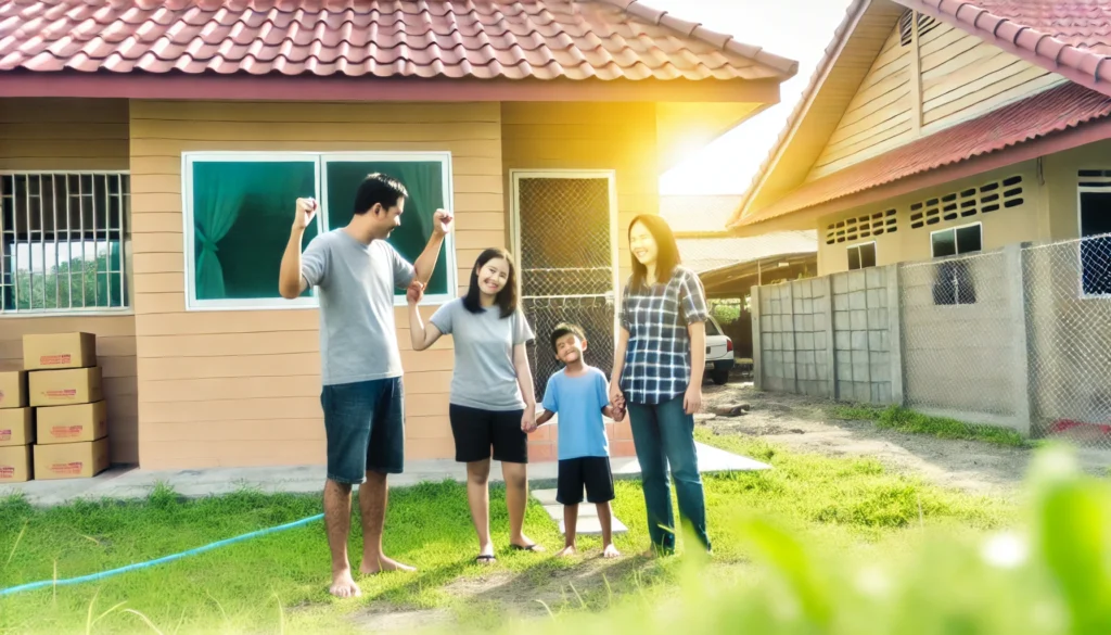 DALL·E 2024 10 05 23.25.57 A family in front of their new home celebrating their participation in a social housing program. The house is simple and well kept with a welcoming