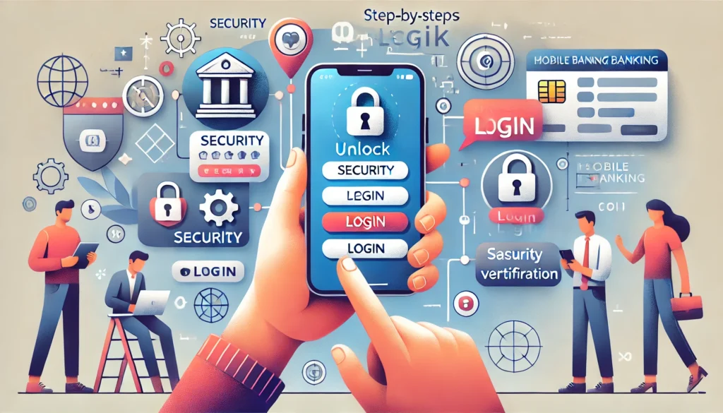 DALL·E 2024 10 07 00.11.24 A detailed illustration showing a step by step guide to unlocking access to a mobile banking app. The scene shows a person holding a smartphone with a