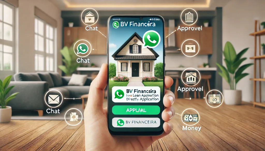 DALL·E 2024 10 09 18.40.37 A wide image showing a smartphone with WhatsApp open displaying a conversation with BV Financeira about a loan application. The background features a