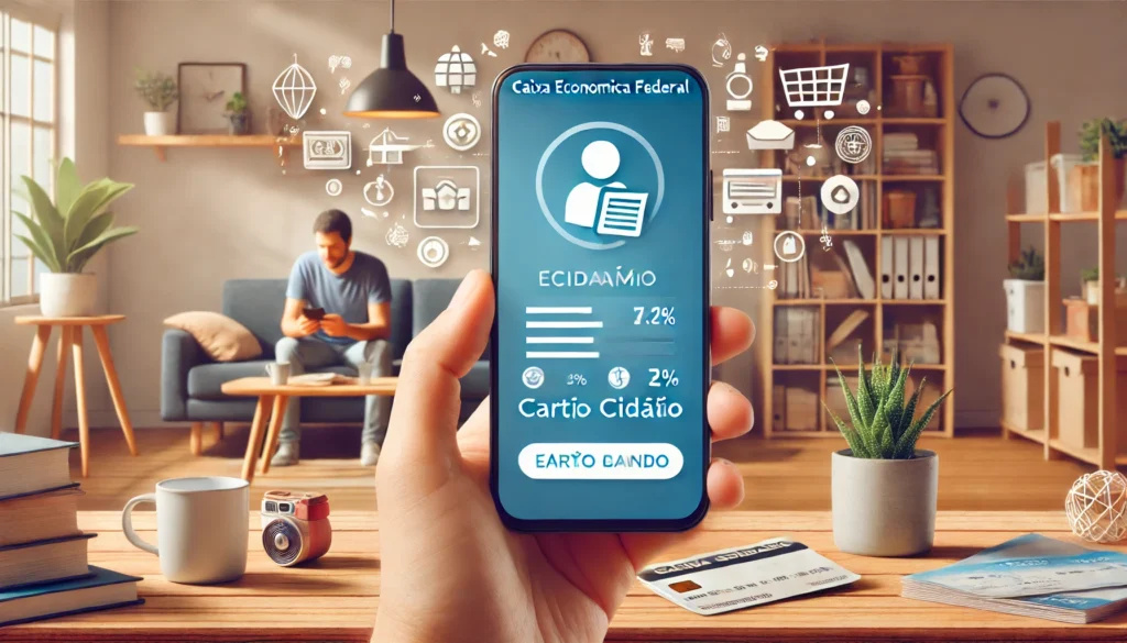 DALL·E 2024 10 09 18.48.25 A wide image of a smartphone displaying the Caixa Economica Federal app open showing the balance of social benefits from the Cartao Cidadao. The back