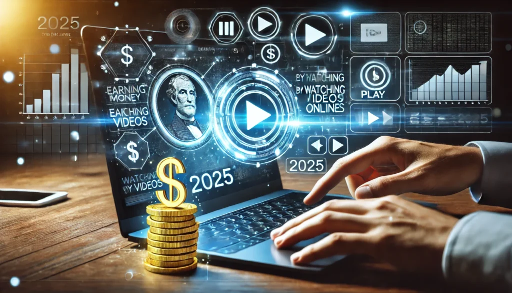 DALL·E 2024 10 10 20.18.45 An image showing someone earning money by watching videos online in 2025. The screen of a laptop or smartphone displays a video player with symbols li