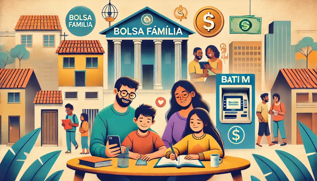 DALL·E 2024 10 15 00.42.12 A wide banner image illustrating social welfare in Brazil A diverse family sitting around a table with children studying and parents using a smartph