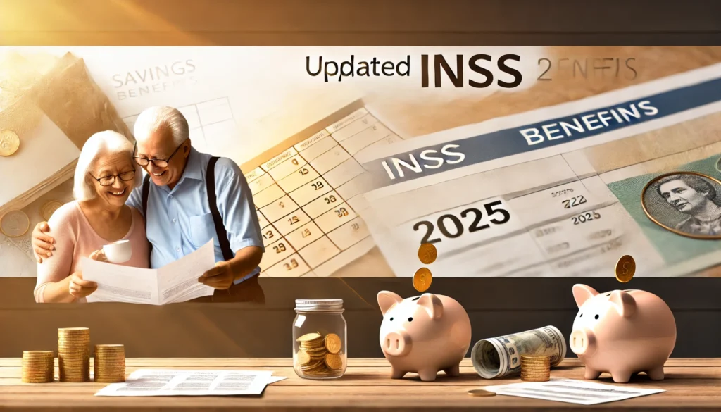 DALL·E 2024 10 15 00.51.17 A wide banner image portraying the impact of updated INSS benefits for 2025. The scene shows a happy elderly couple reviewing their new pension statem