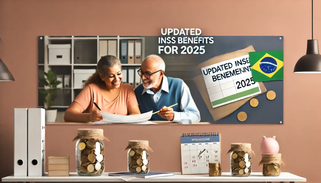 DALL·E 2024 10 15 00.51.21 A wide banner image portraying the impact of updated INSS benefits for 2025. The scene shows a happy elderly couple reviewing their new pension statem