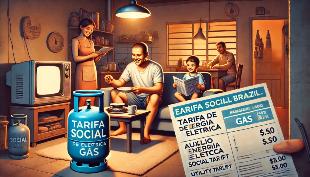 DALL·E 2024 10 15 00.57.25 A wide banner image illustrating essential benefits for low income families in Brazil A family in a modest home receiving support through the Tarifa