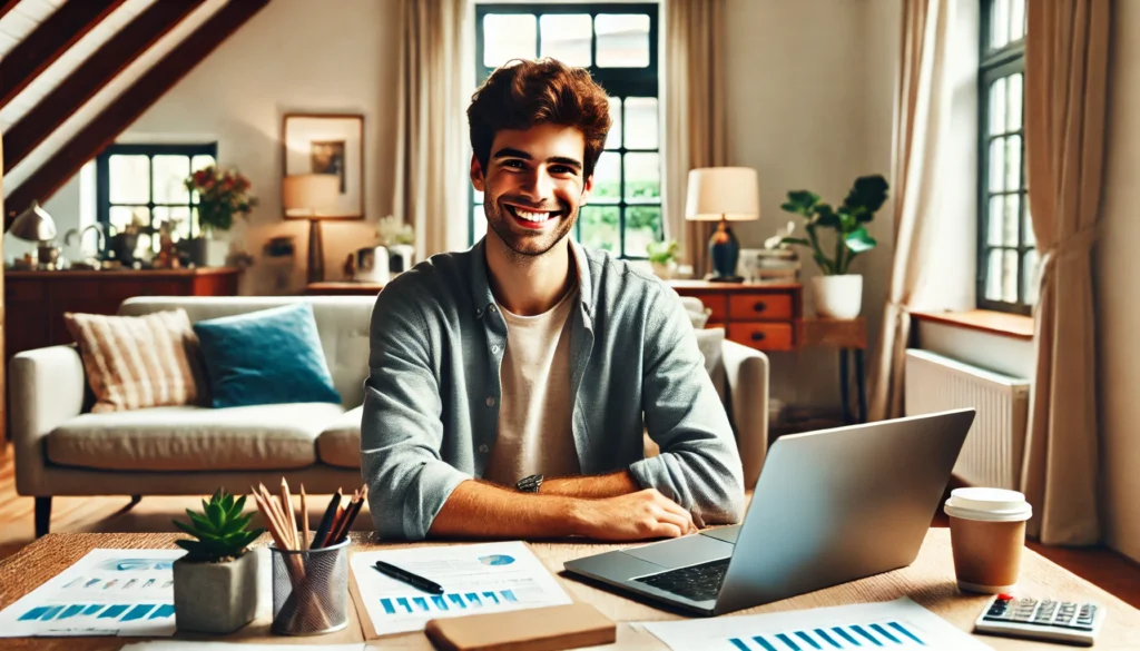 DALL·E 2024 10 15 01.07.31 Wide image of a smiling young entrepreneur working from a cozy home office. The individual is sitting at a desk with a laptop open and various busines