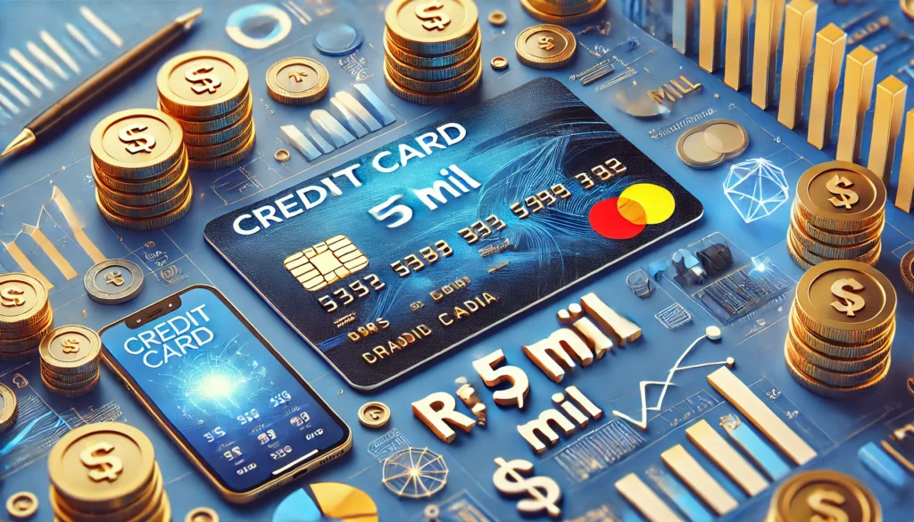 DALL·E 2024 10 16 00.12.57 A detailed wide image showing several modern credit cards with a highlighted text R 5 Mil to symbolize credit limits. The background includes eleme