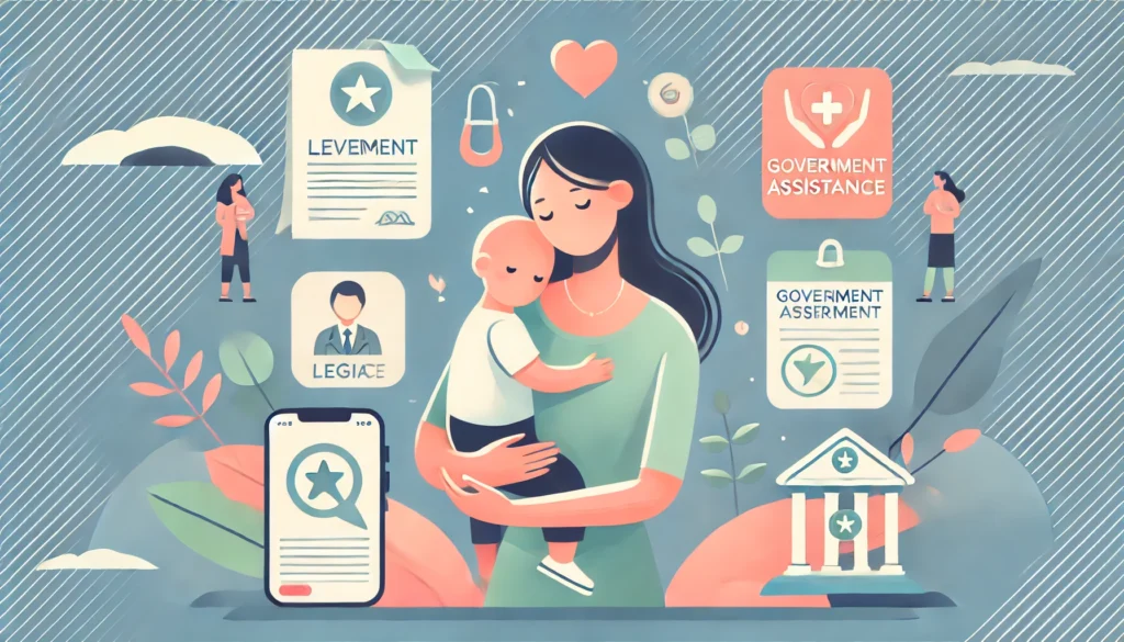 DALL·E 2024 10 17 00.06.50 A supportive and welcoming wide image showing a mother holding her child with a comforting background. There are elements such as legal documents a s