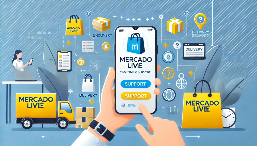 DALL·E 2024 10 17 00.08.23 A clean and professional wide image representing customer support for an e commerce platform. A person is using a smartphone with the Mercado Livre lo