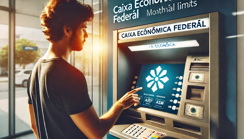 DALL·E 2024 10 18 23.19.12 A person using an ATM with a Caixa Economica Federal machine. The image focuses on the withdrawal process showing the individual interacting with the