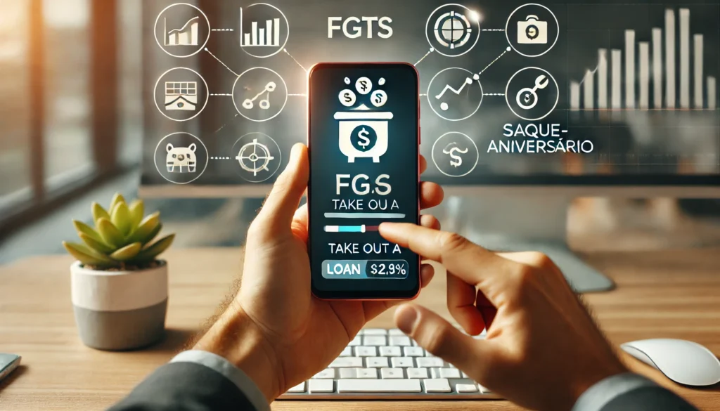 DALL·E 2024 10 18 23.21.54 A person reviewing their FGTS balance on a smartphone with the option to take out a loan using the Saque Aniversario. The setting is in a professional