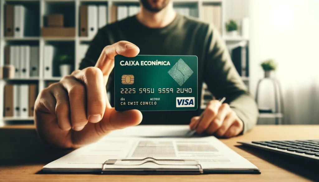 DALL·E 2024 10 19 23.24.46 A wide image showing a person holding a Caixa Economica card and examining the details. The card is shown clearly with the agency and account numbers