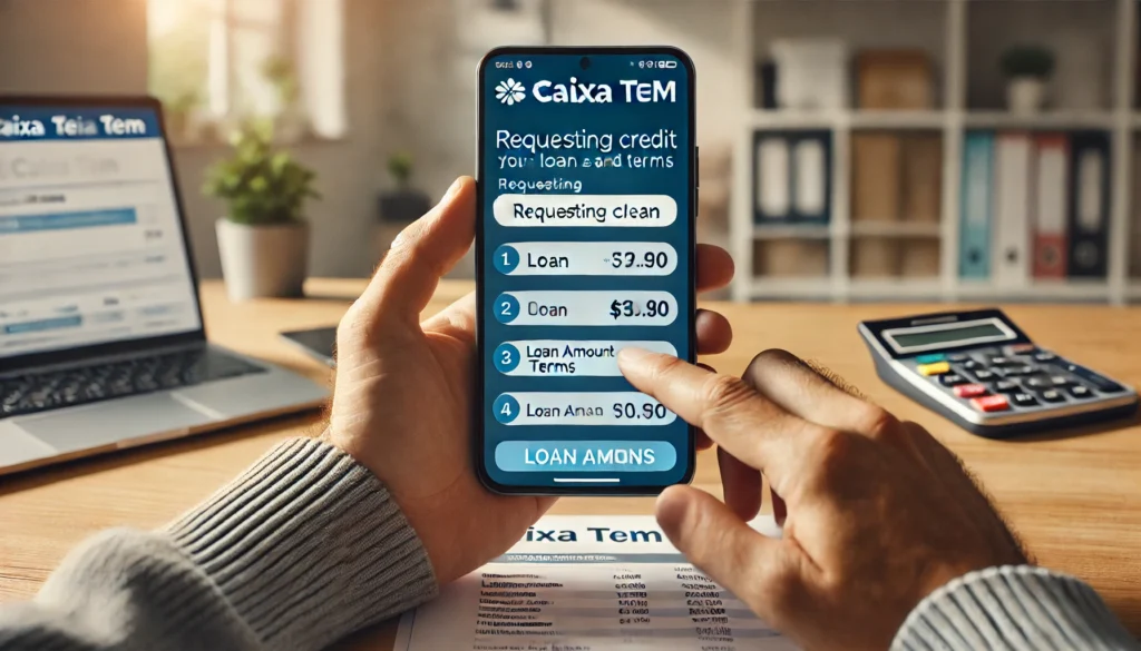 DALL·E 2024 10 19 23.33.24 A wide image of a person using the Caixa Tem app on their smartphone to apply for a loan. The screen shows the steps for requesting credit with clear