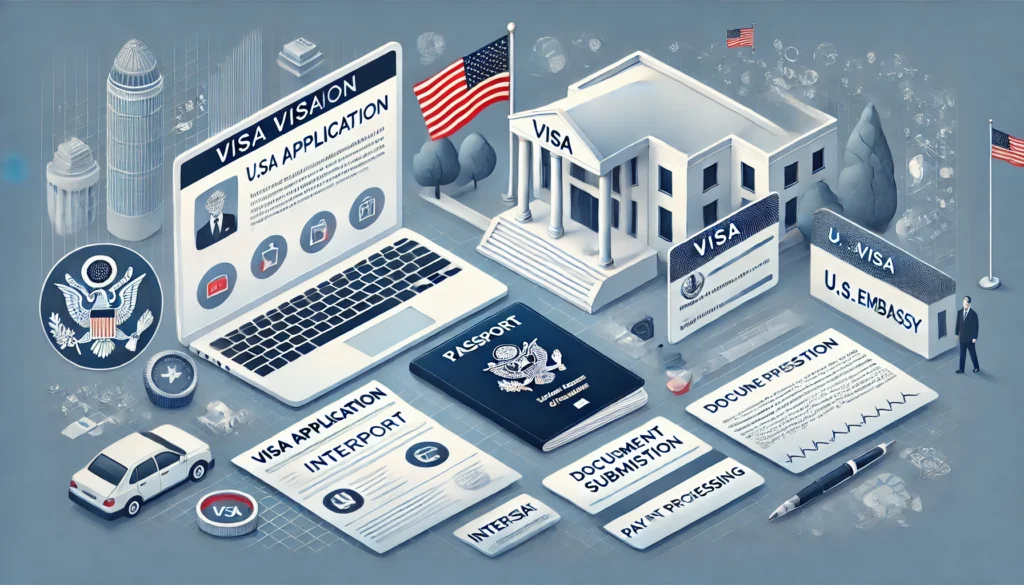 DALL·E 2024 10 23 00.57.01 A detailed scene representing the process of obtaining a U.S. visa. The image features a passport visa application forms and a computer displaying a