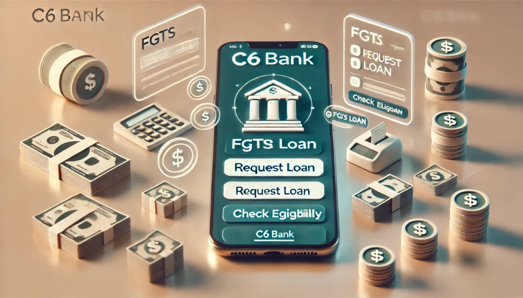 DALL·E 2024 10 23 01.00.01 A financial scene with a smartphone displaying the C6 Bank app highlighting the option to request an FGTS loan. The background includes subtle icons