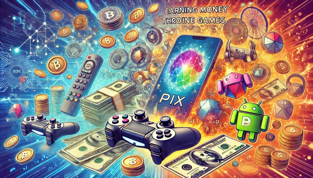 DALL·E 2024 10 23 22.22.25 A detailed image representing the theme of earning money through online games in 2025 highlighting the concept of getting paid via PIX. The image sho