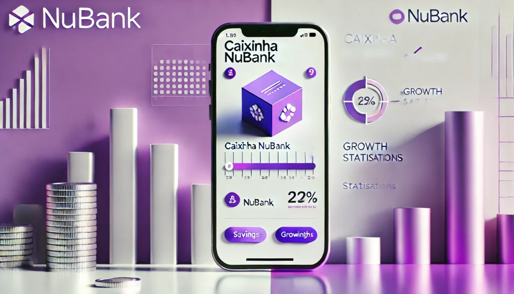 DALL·E 2024 10 23 22.26.52 A vibrant and modern scene featuring a phone screen displaying a digital banking app with a Caixinha Nubank highlighted showing growth statistics a