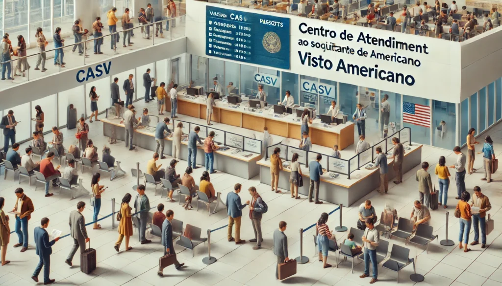 DALL·E 2024 10 25 21.33.26 A detailed scene of a modern visa application center representing the CASV Centro de Atendimento ao Solicitante de Visto Americano. The scene inclu