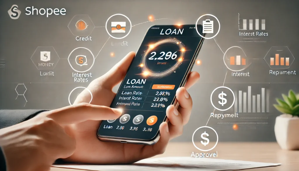 DALL·E 2024 10 25 21.36.23 A professional and modern scene showing a smartphone with the Shopee app open highlighting options related to loans and credit. The screen shows pote