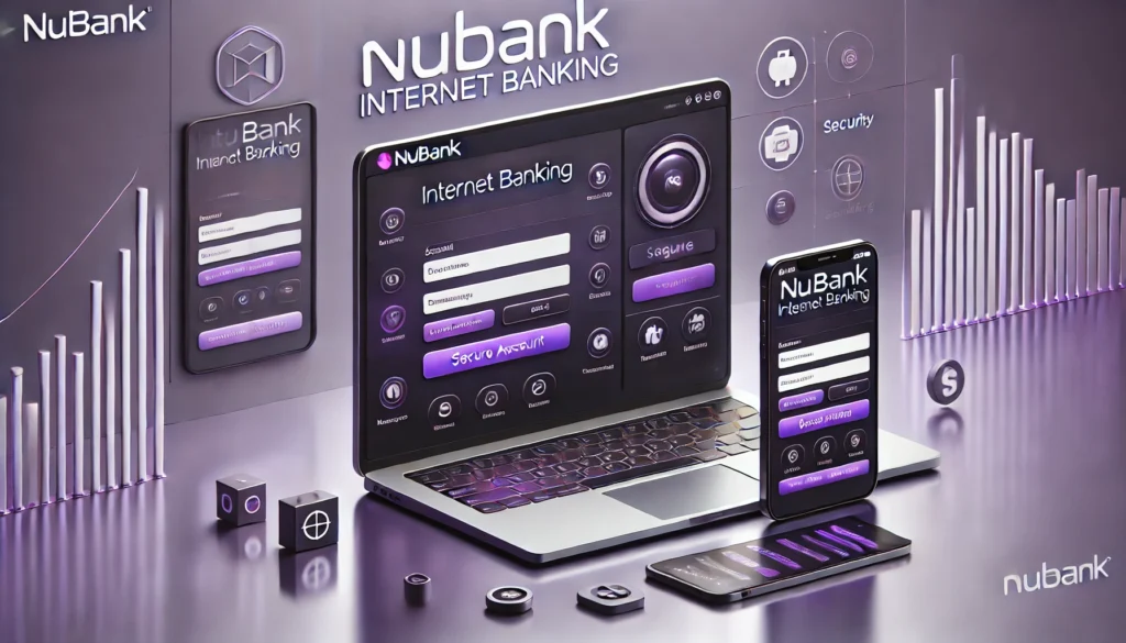 DALL·E 2024 10 25 21.39.00 A sleek and modern scene showing a laptop and smartphone both displaying the Nubank Internet Banking interface. The screen shows a secure login page a 1