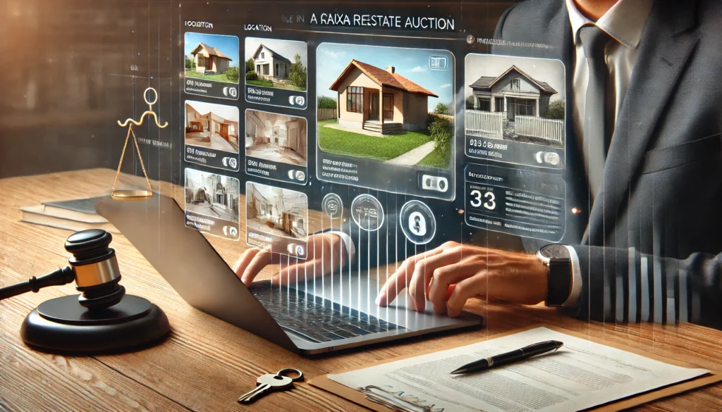 DALL·E 2024 10 27 01.34.15 A modern scene showing a person reviewing properties available in a Caixa real estate auction on a laptop. The interface displays images of houses and