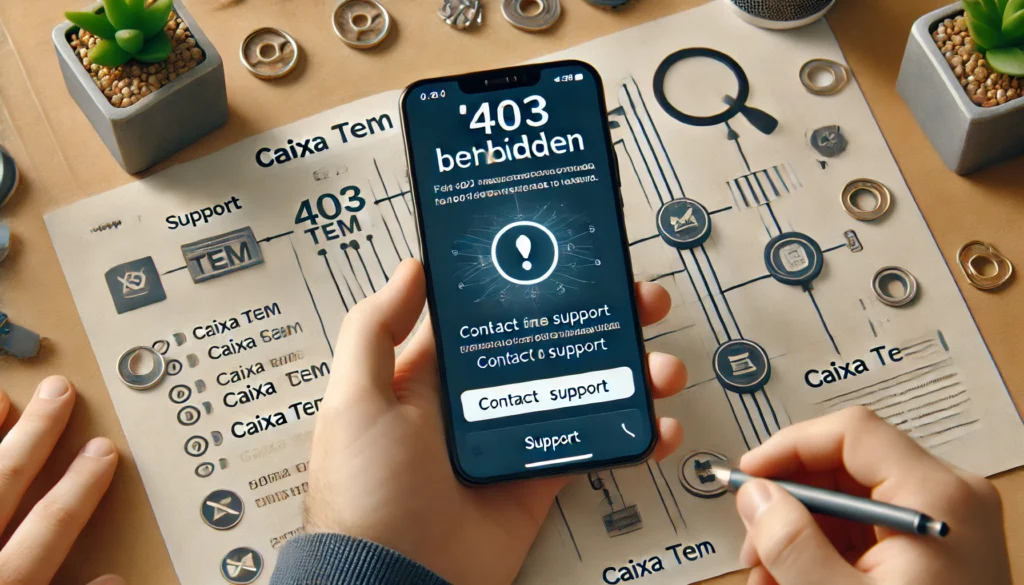 DALL·E 2024 10 28 17.09.09 A troubleshooting focused scene showing a smartphone with the Caixa Tem app displaying a 403 Forbidden error message on the screen. The app provides